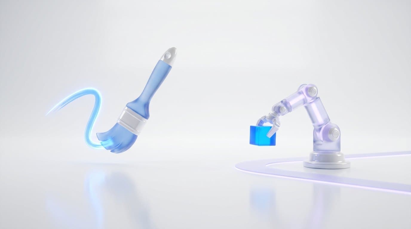 A glowing blue glass brush painting a stroke beside a small glass robot arm carrying a cube along a path on a white stage