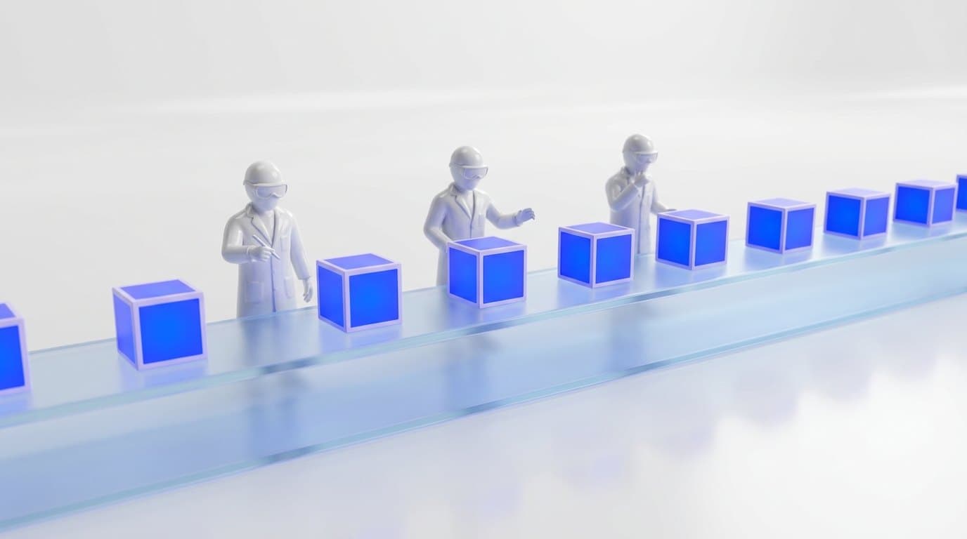 Three cobalt blue ceramic figures working at a frosted glass conveyor on a white studio surface