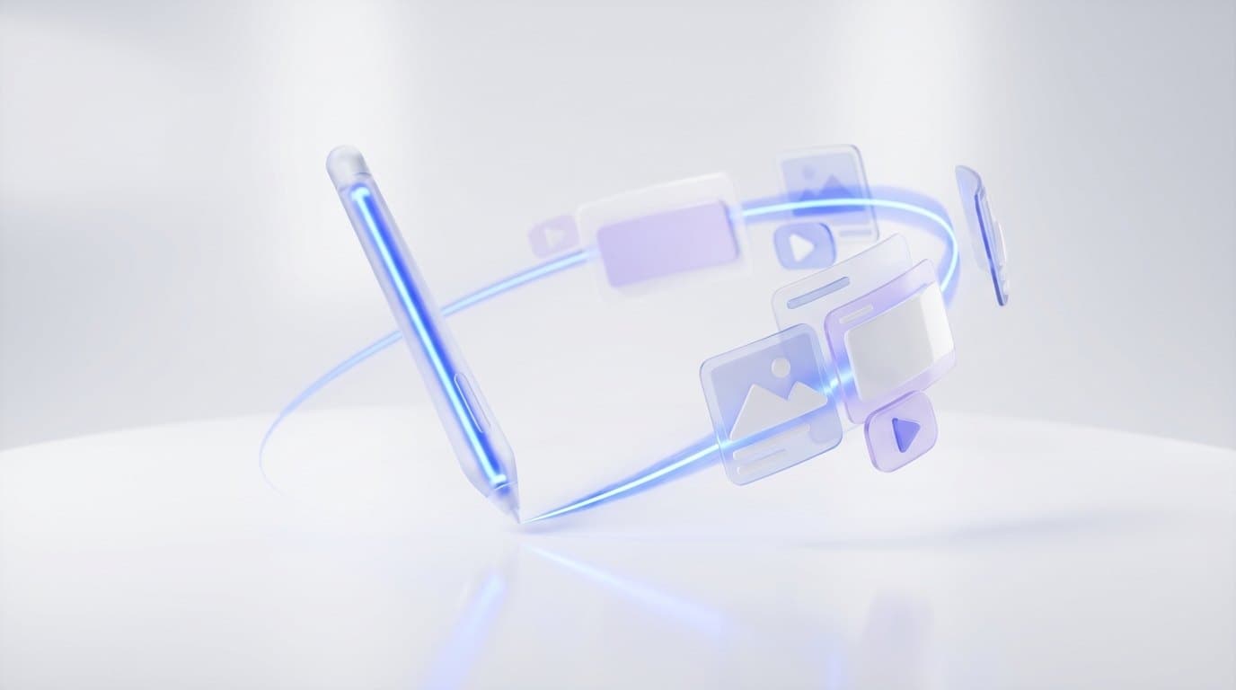 A glass pen drawing a glowing blue line that turns into floating layered cards and image shapes on a white background
