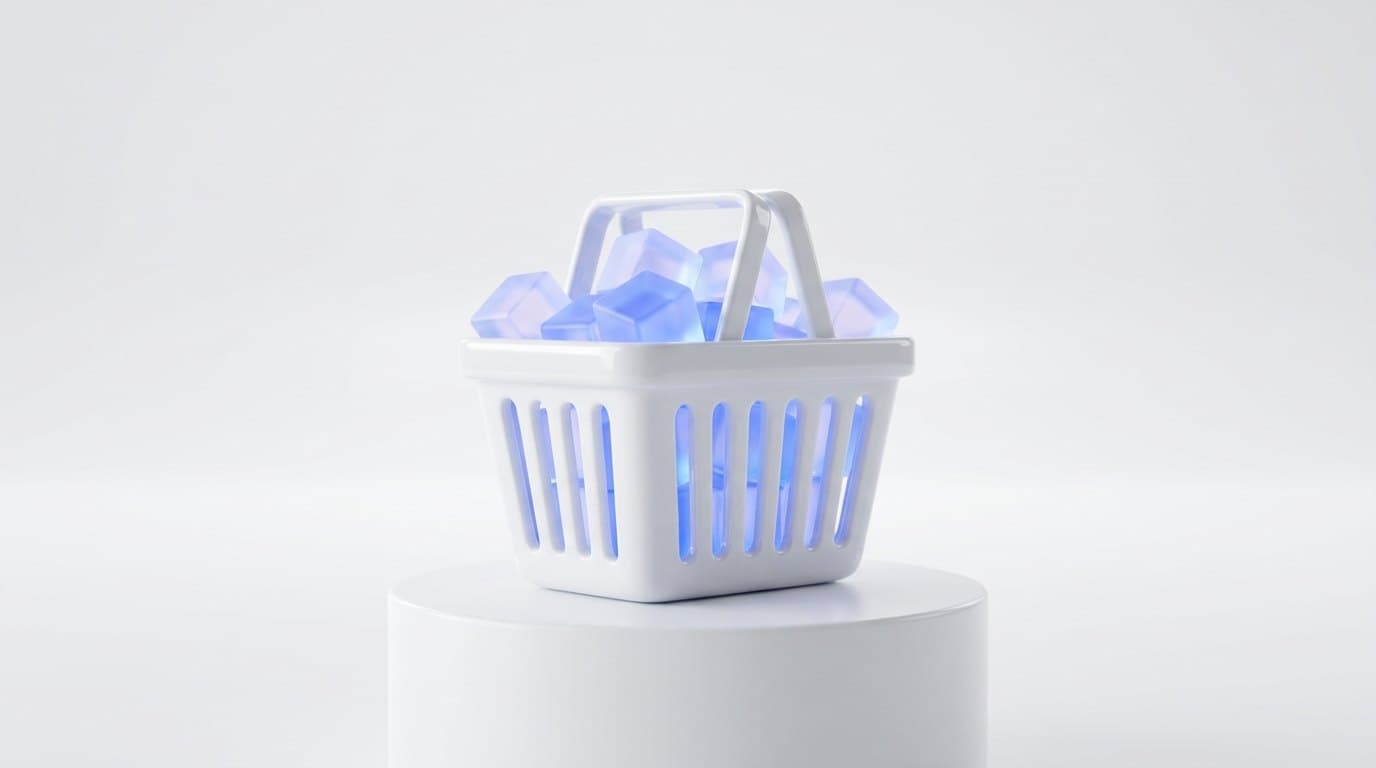 A white ceramic shopping basket on a plinth filled with frosted glass cubes lit from inside with electric blue light