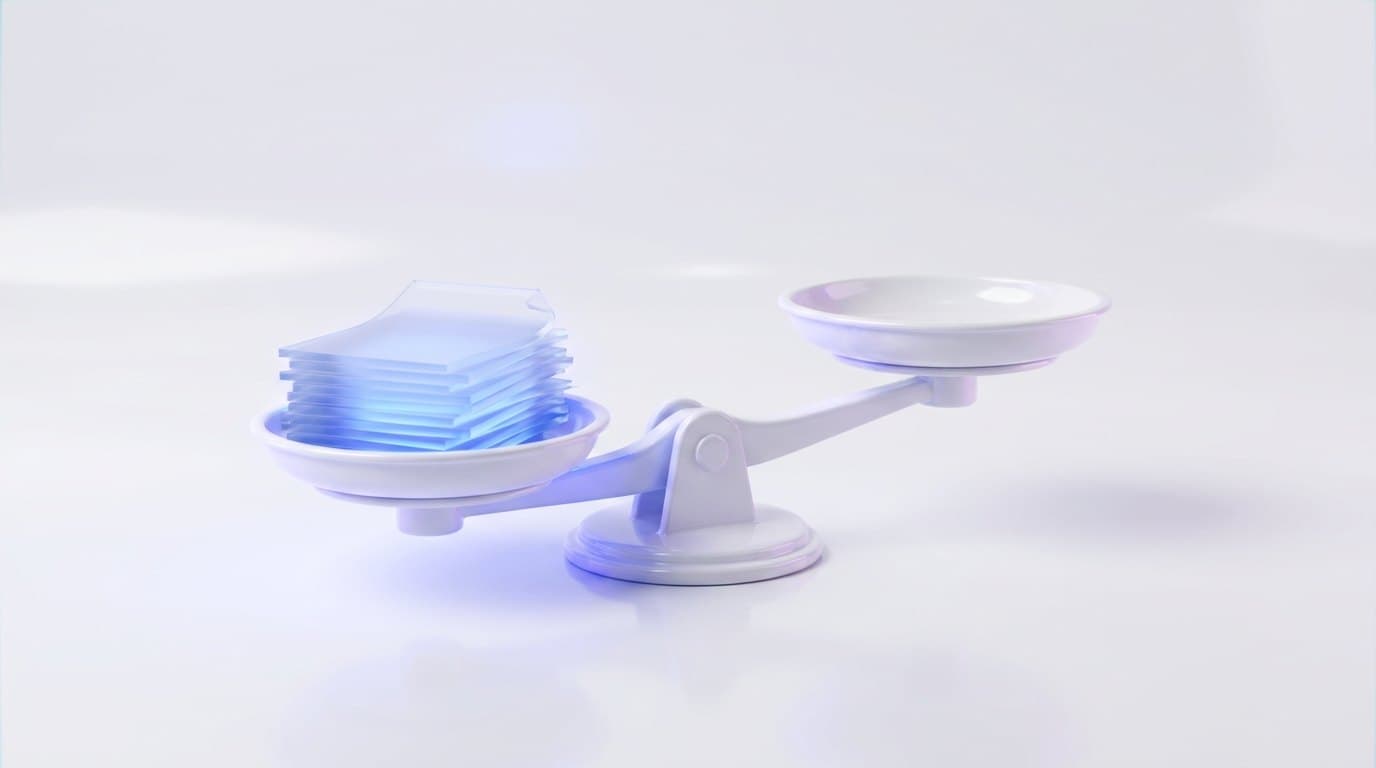 A white ceramic balance scale with one pan holding a stack of frosted glass document sheets glowing electric blue