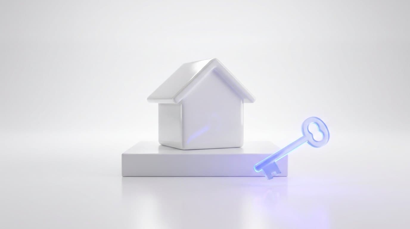 A minimal white ceramic house model on a plinth with a frosted glass key floating beside it glowing electric blue
