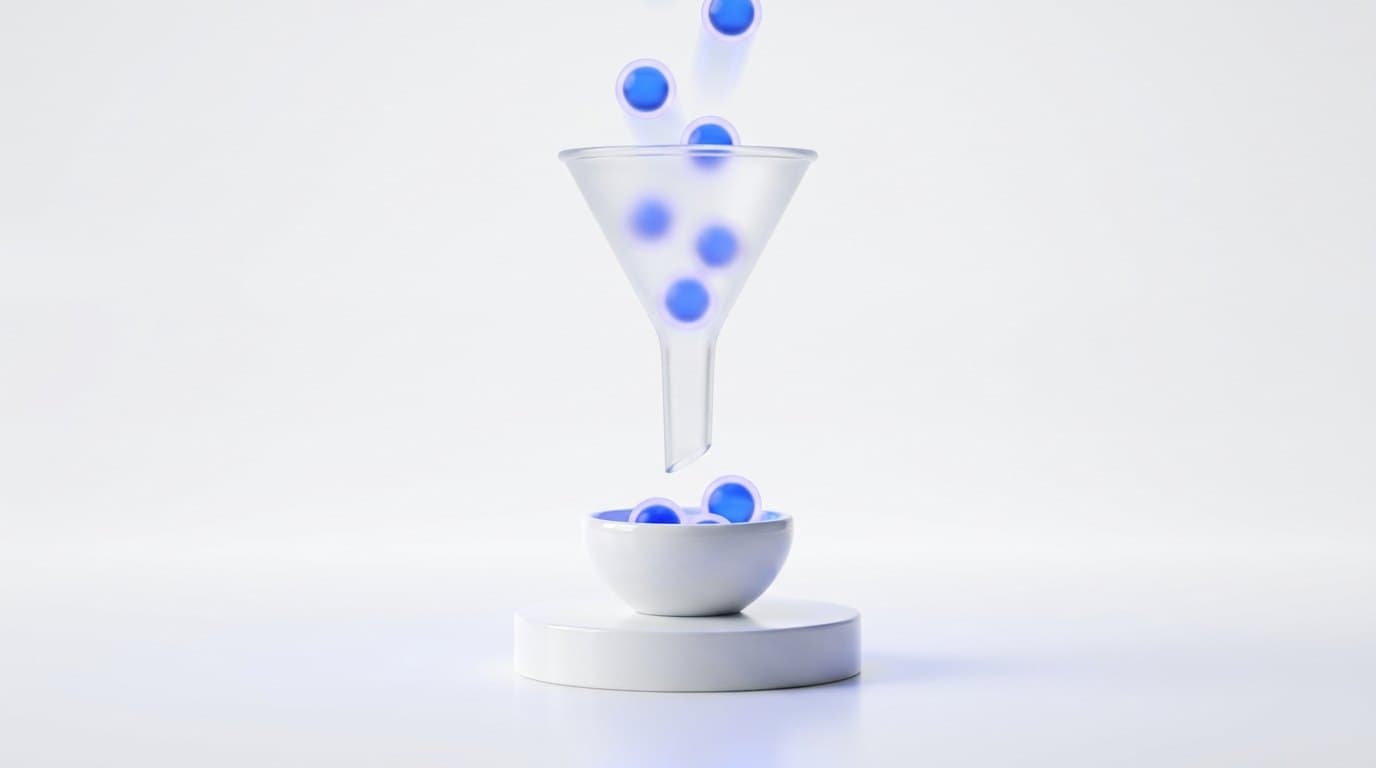A frosted glass funnel on a white plinth with glowing electric blue spheres falling through it into a ceramic bowl