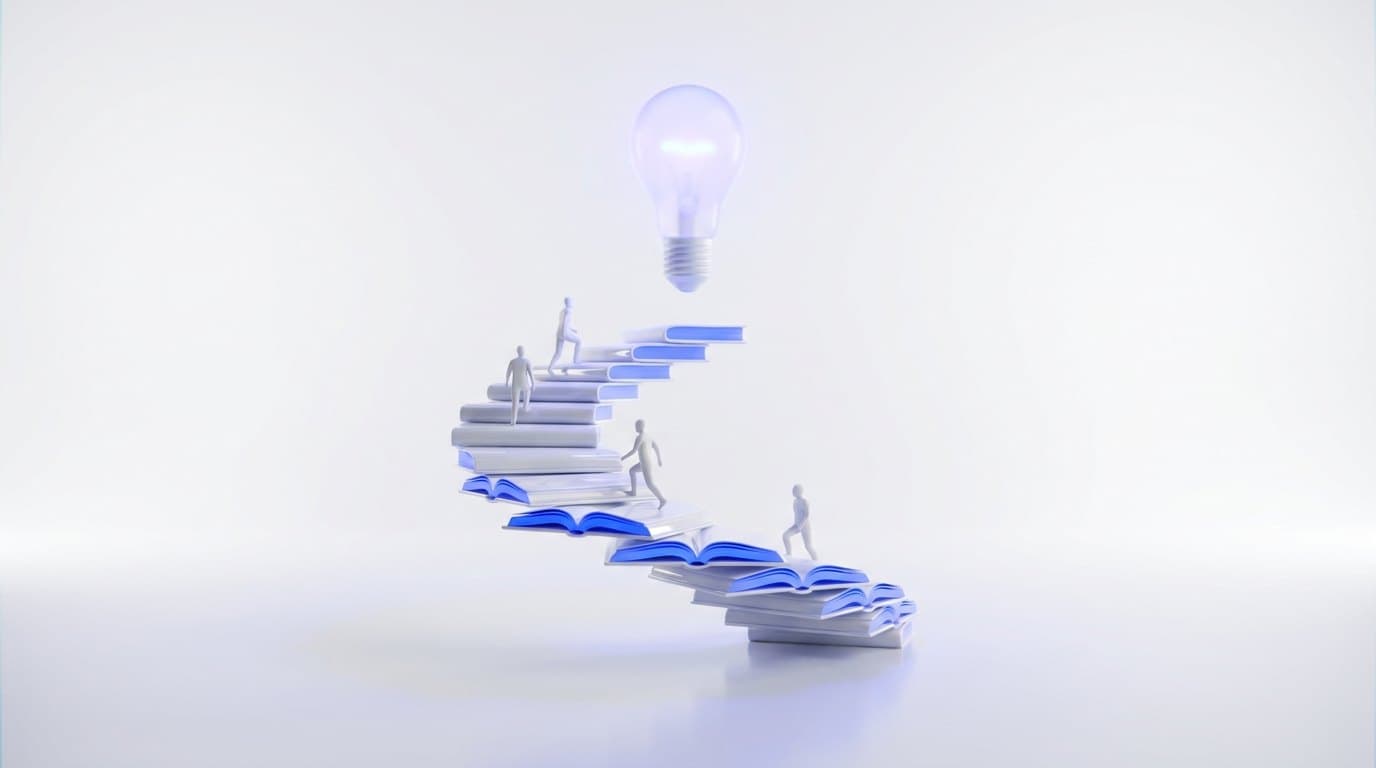 Open white books forming a staircase of glowing blue steps, with small matte white figures climbing toward a glass lightbulb