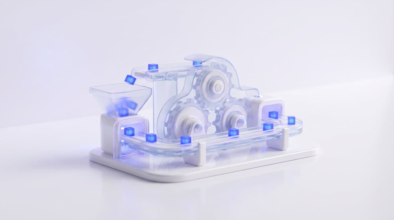 A small frosted glass machine with interlocking gears moving glowing blue cubes along a rail on a white surface