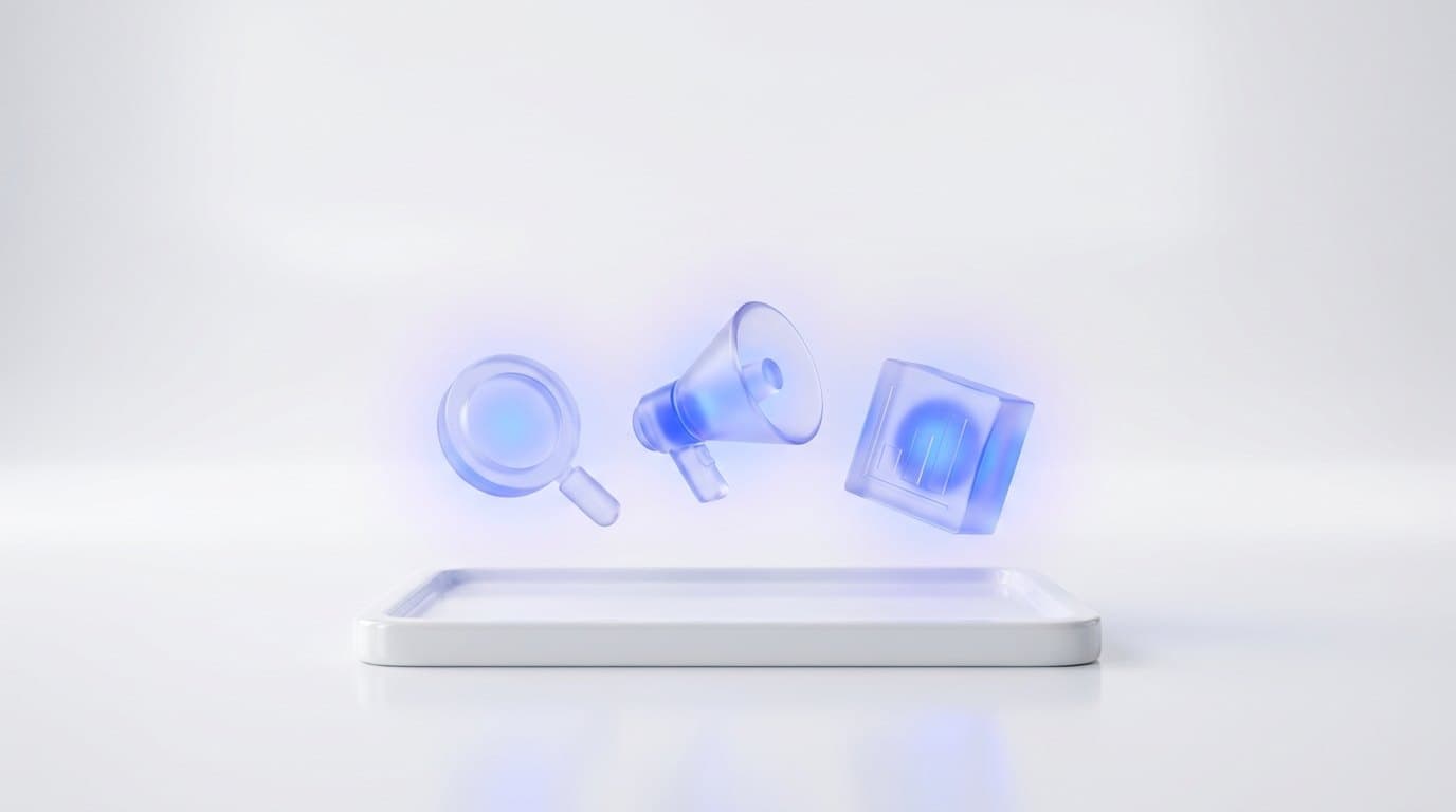 Glass tool-like objects, a magnifier, a megaphone and a chart block, floating above a white ceramic tray lit in electric blue