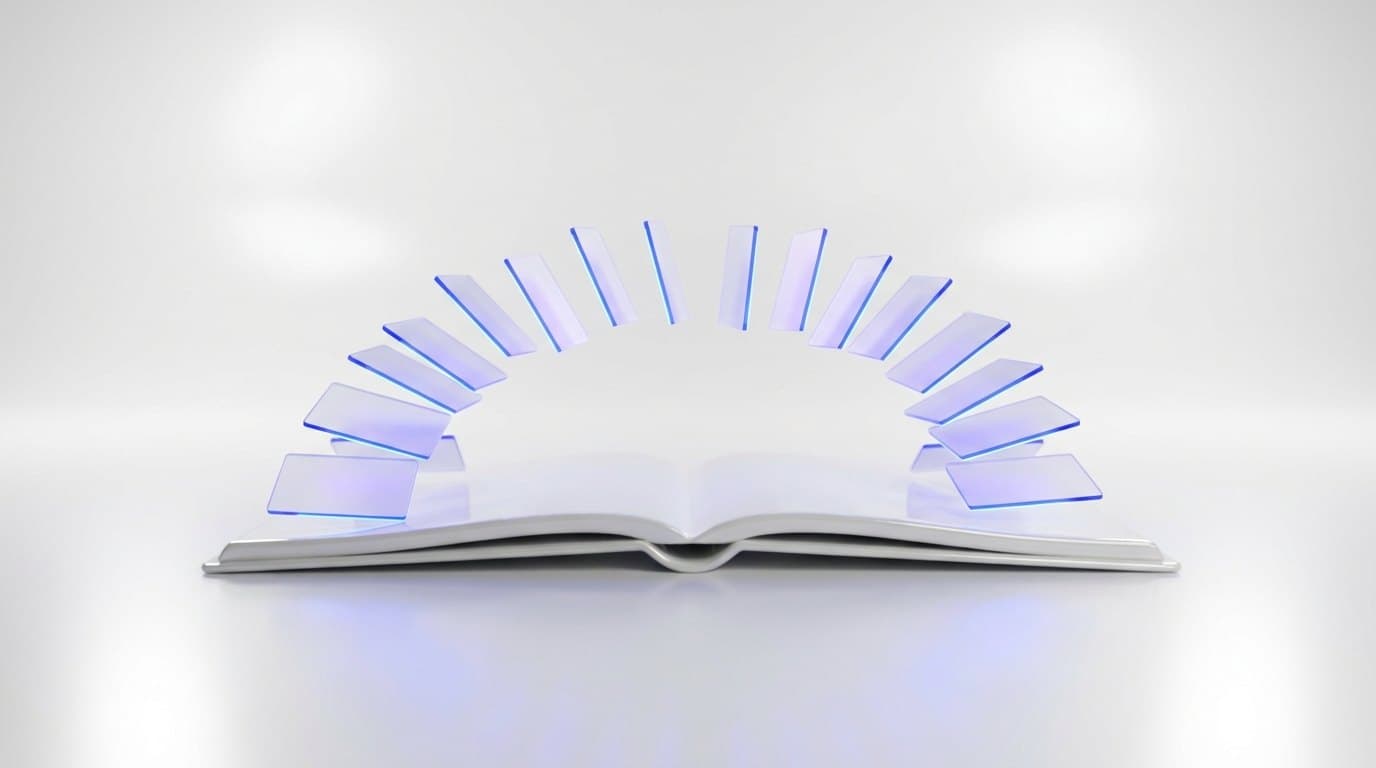 An open white ceramic notebook with small frosted glass cards rising from its pages, each glowing electric blue