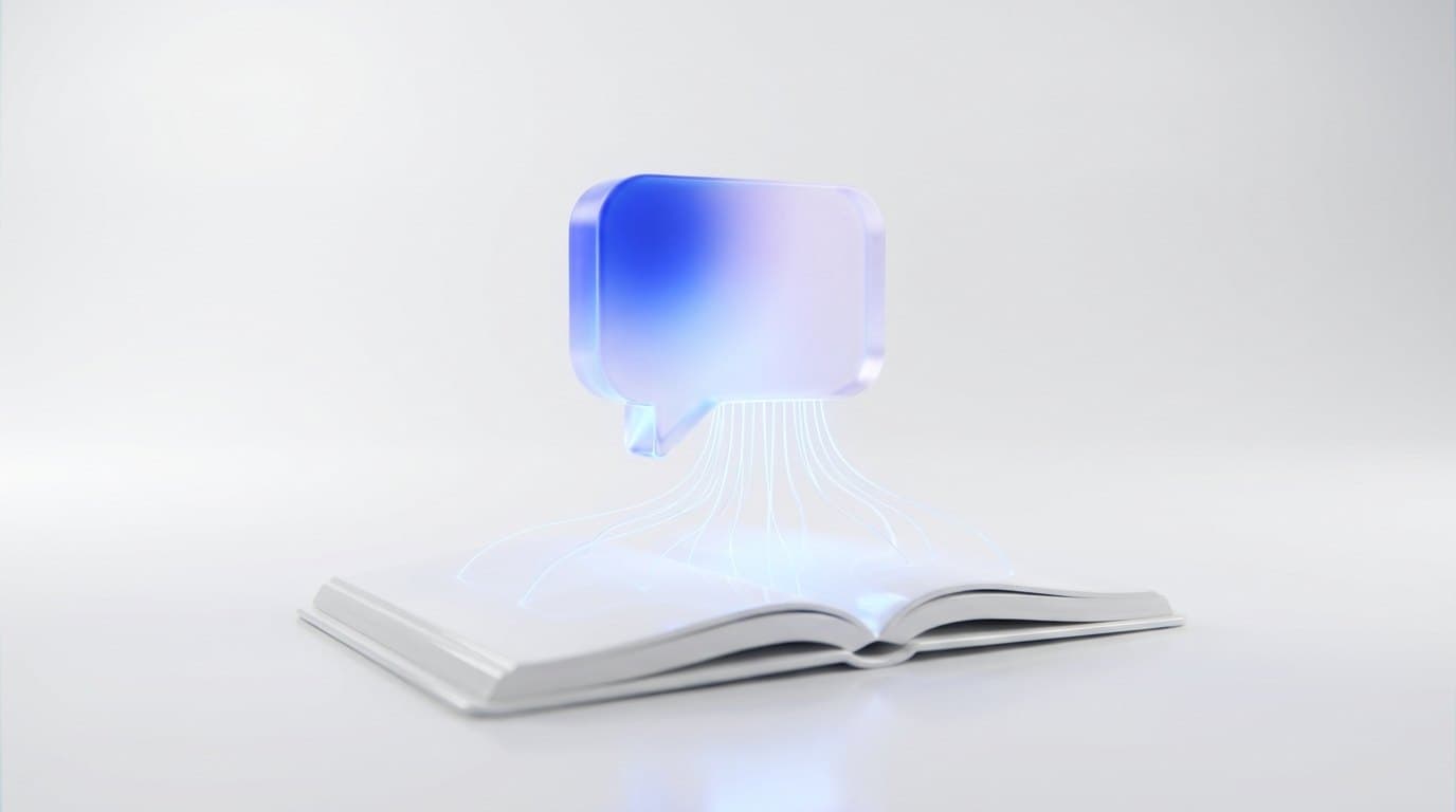 A translucent glass speech bubble hovering over an open white notebook with thin blue light lines flowing onto the pages