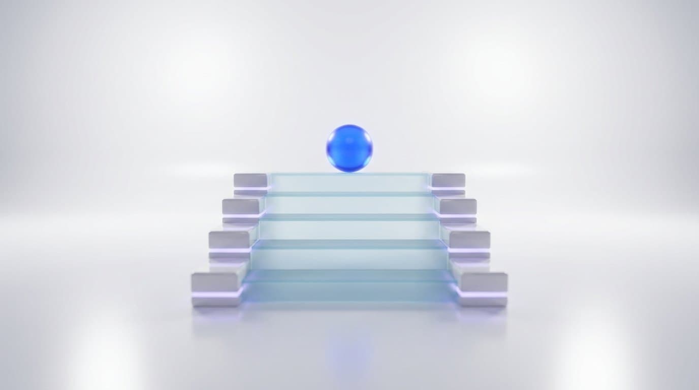 A frosted glass staircase of five rising steps with a glowing electric blue sphere resting on the top step