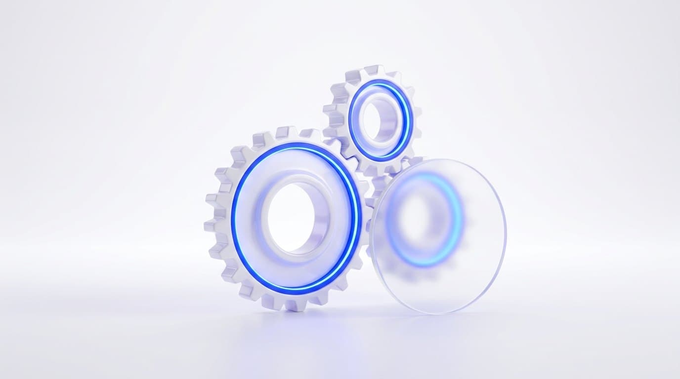 Cobalt blue ceramic gears turning beside a frosted glass magnifier on a bright white surface