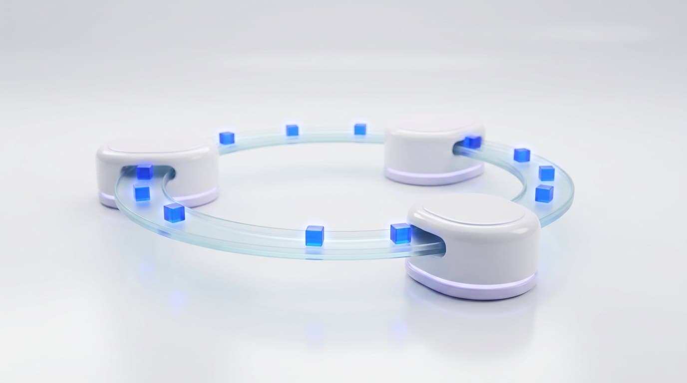 A looping frosted glass track carrying glowing electric blue cubes past three white ceramic stations