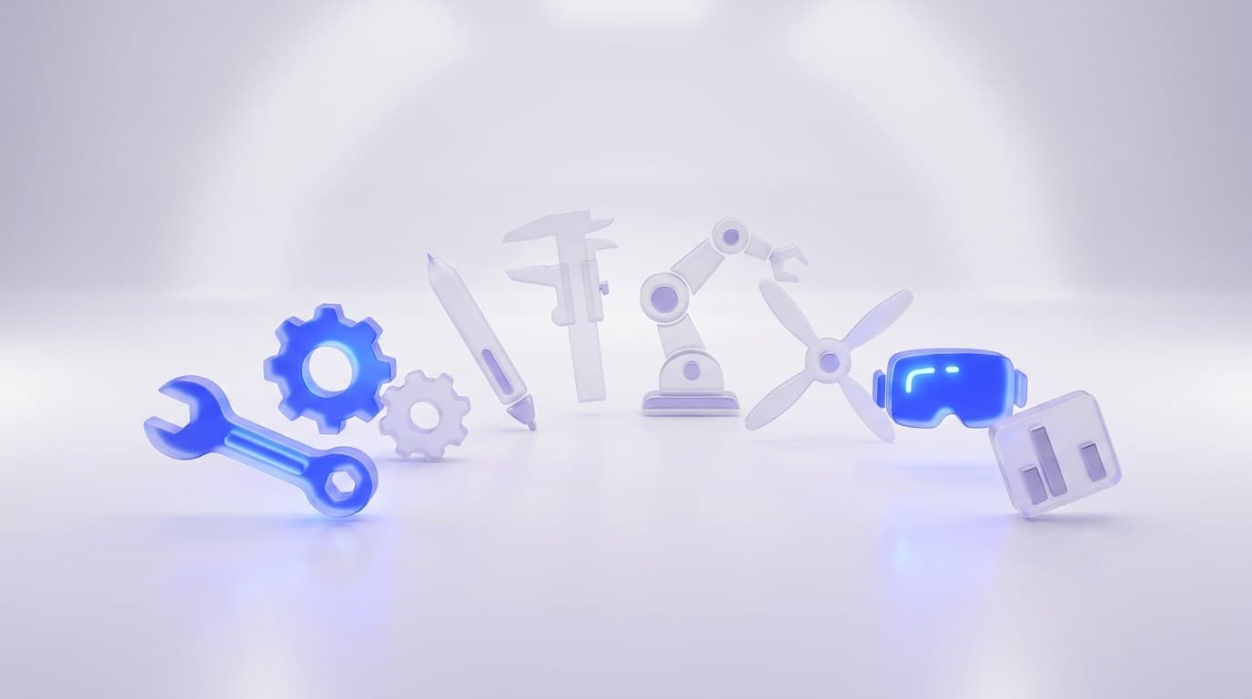 Eight frosted glass tool shapes arranged in a neat fan on a white surface, three of them glowing electric blue