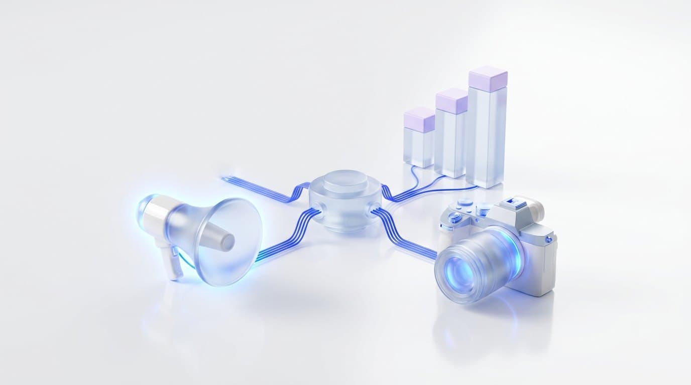 A miniature marketing studio of frosted glass objects, a megaphone, a bar chart and a camera, linked by thin electric blue threads