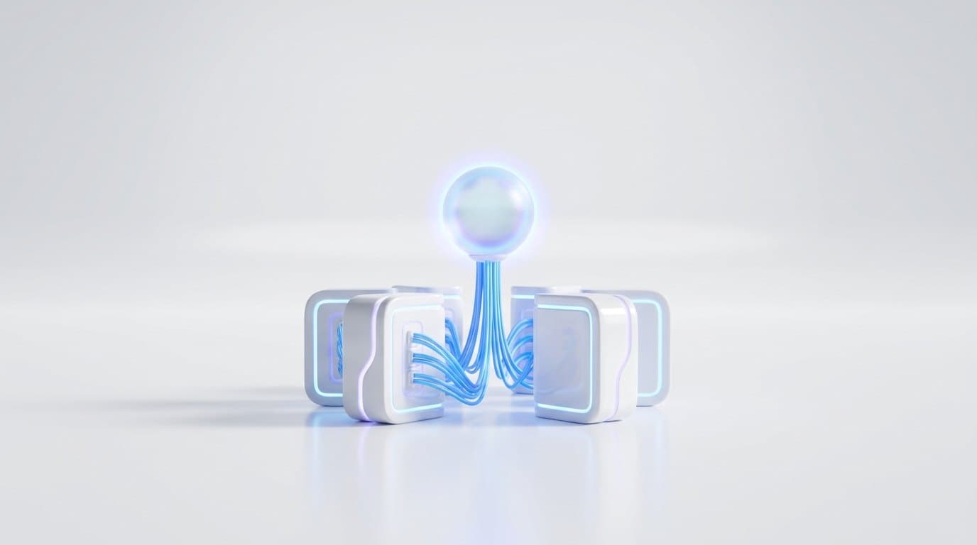 White ceramic server modules connected by electric blue cables to a floating frosted glass assistant orb