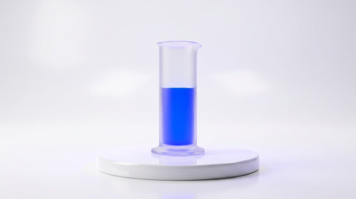 A frosted glass measuring cylinder partly filled with glowing electric blue liquid light on a white studio surface