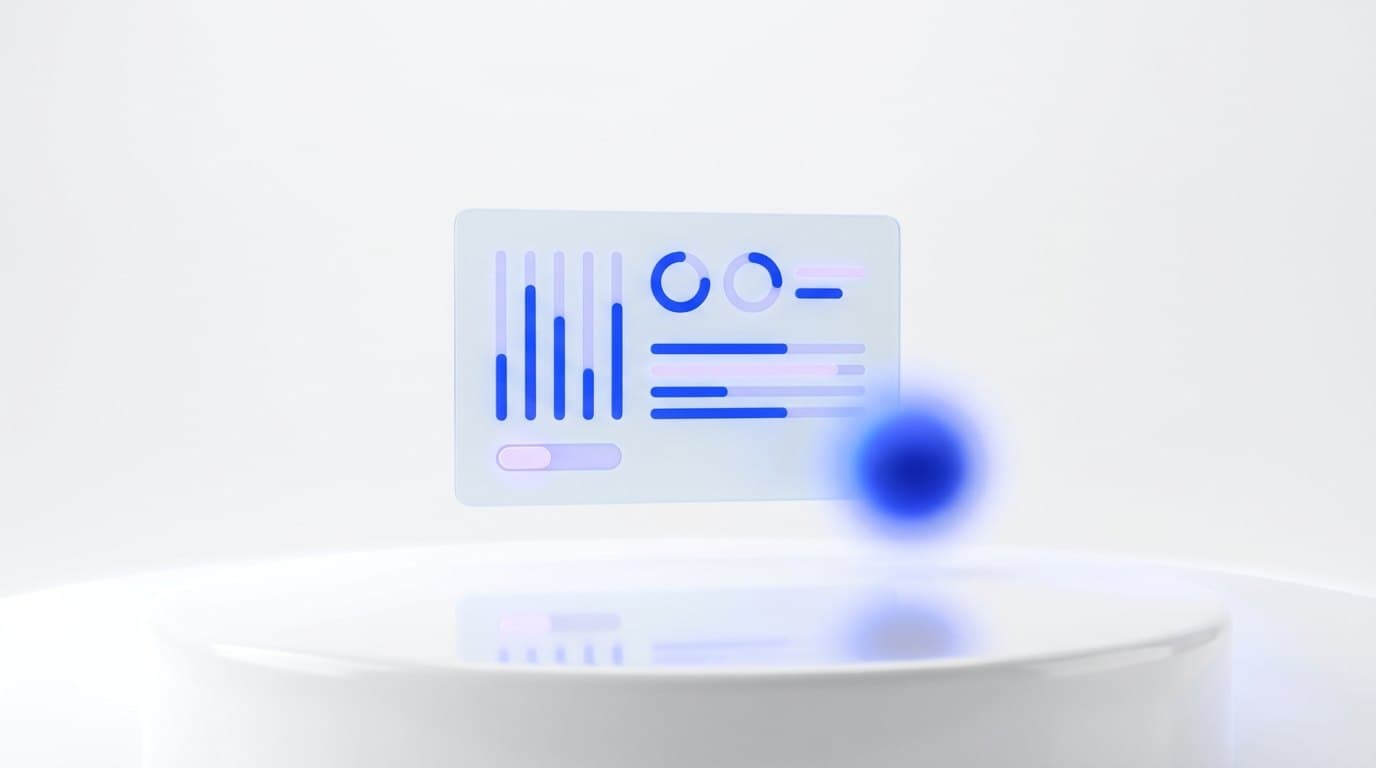 A floating frosted glass window showing an abstract dashboard of blue bars and a lavender slider beside a glowing blue orb
