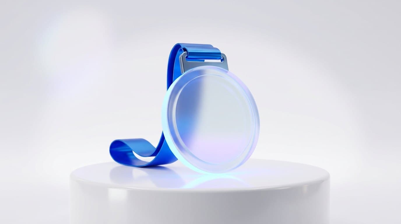 A frosted glass badge medal with an electric blue ribbon resting on a white pedestal