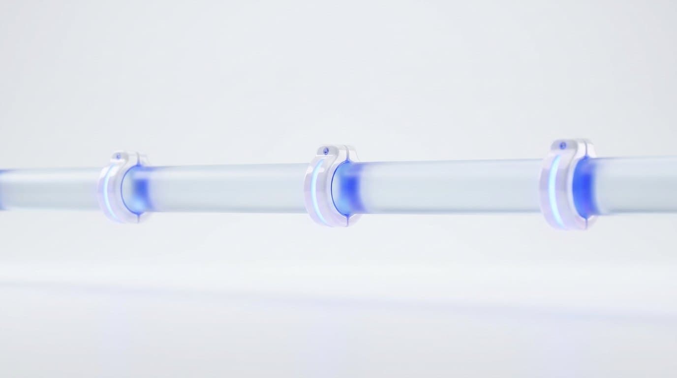 A frosted glass pipeline with three small white ceramic clamps attached, each clamp glowing electric blue