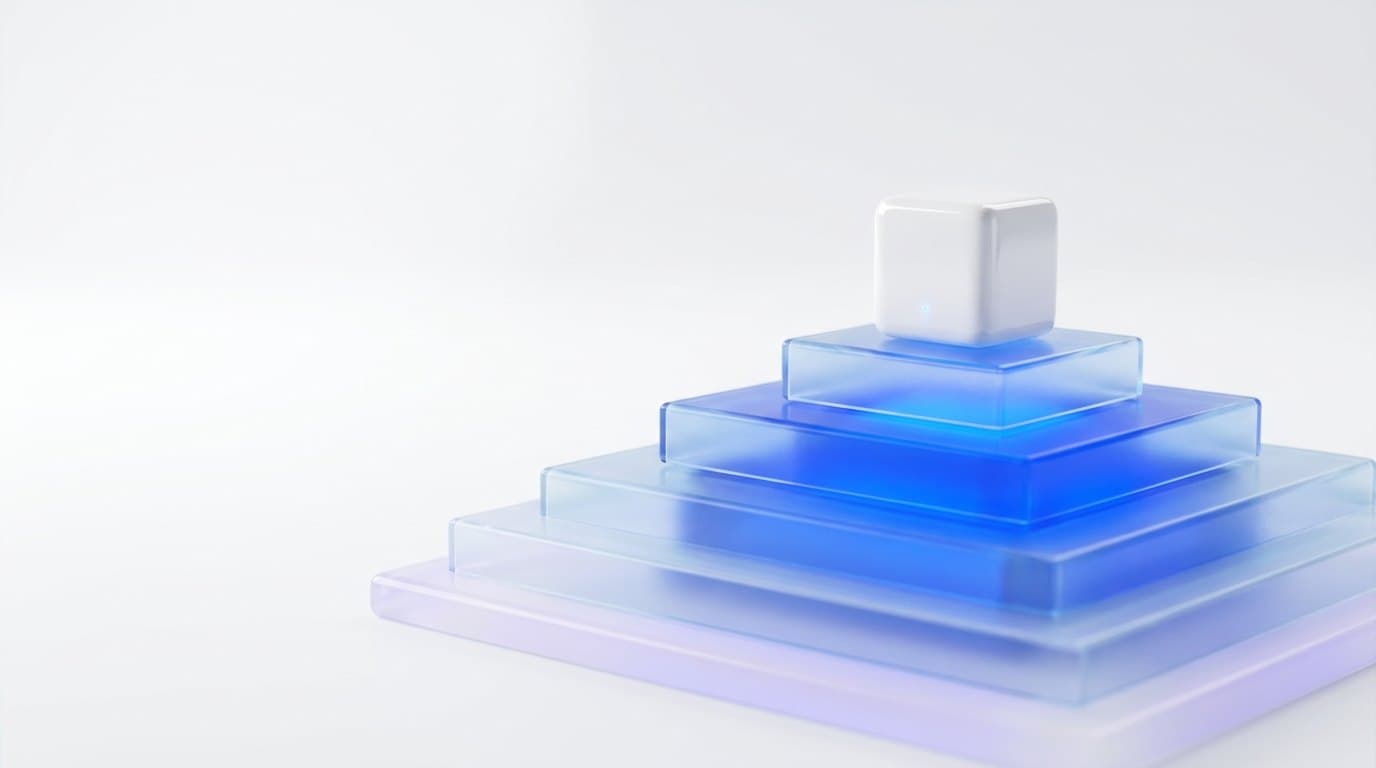 Stacked frosted glass tiers rising like steps and glowing brighter blue toward the top, with a small white terminal cube on the highest tier