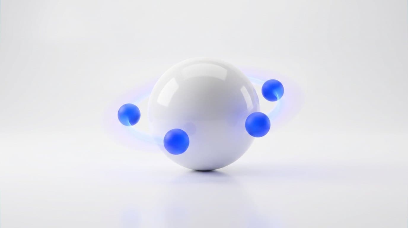 One large white ceramic sphere with four smaller glowing electric blue spheres orbiting close around it