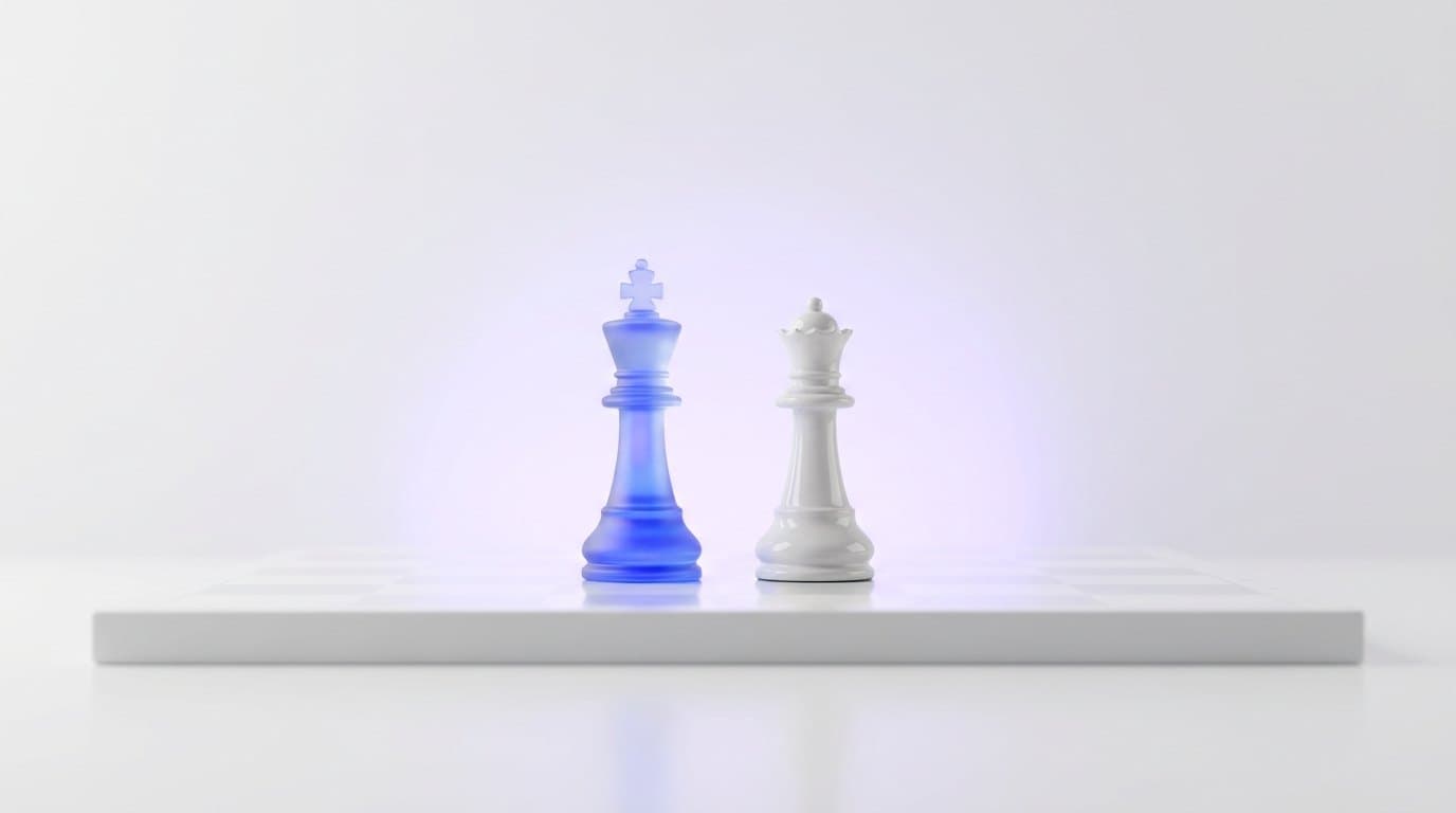 Two chess pieces facing off on a white board, one frosted glass lit electric blue and one polished white ceramic