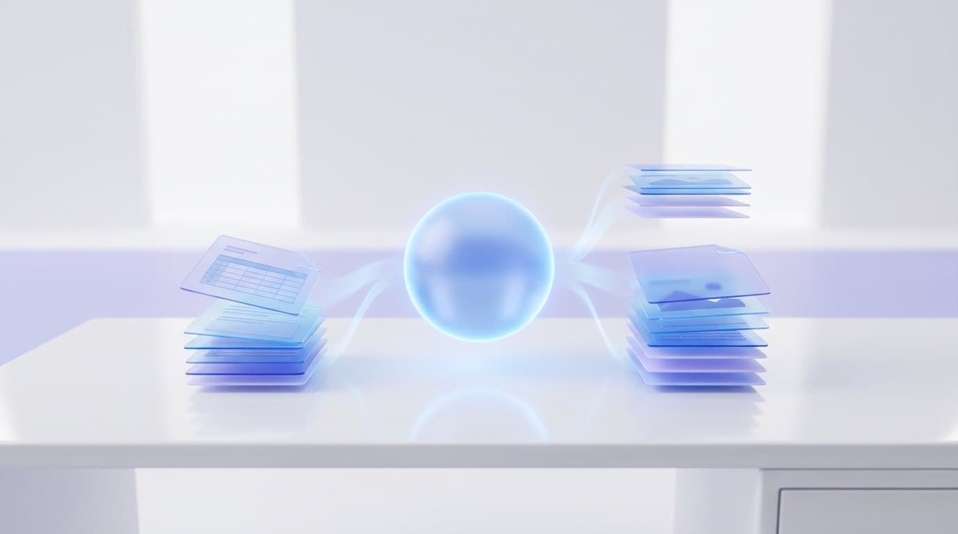 A floating glass assistant orb glowing blue, sorting documents, spreadsheets and slides into neat stacks on a white desk