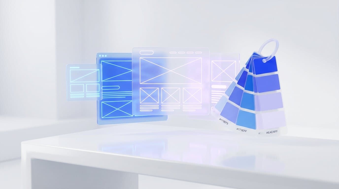 Floating translucent website wireframes and a fan of blue and lavender color swatches above a white desk