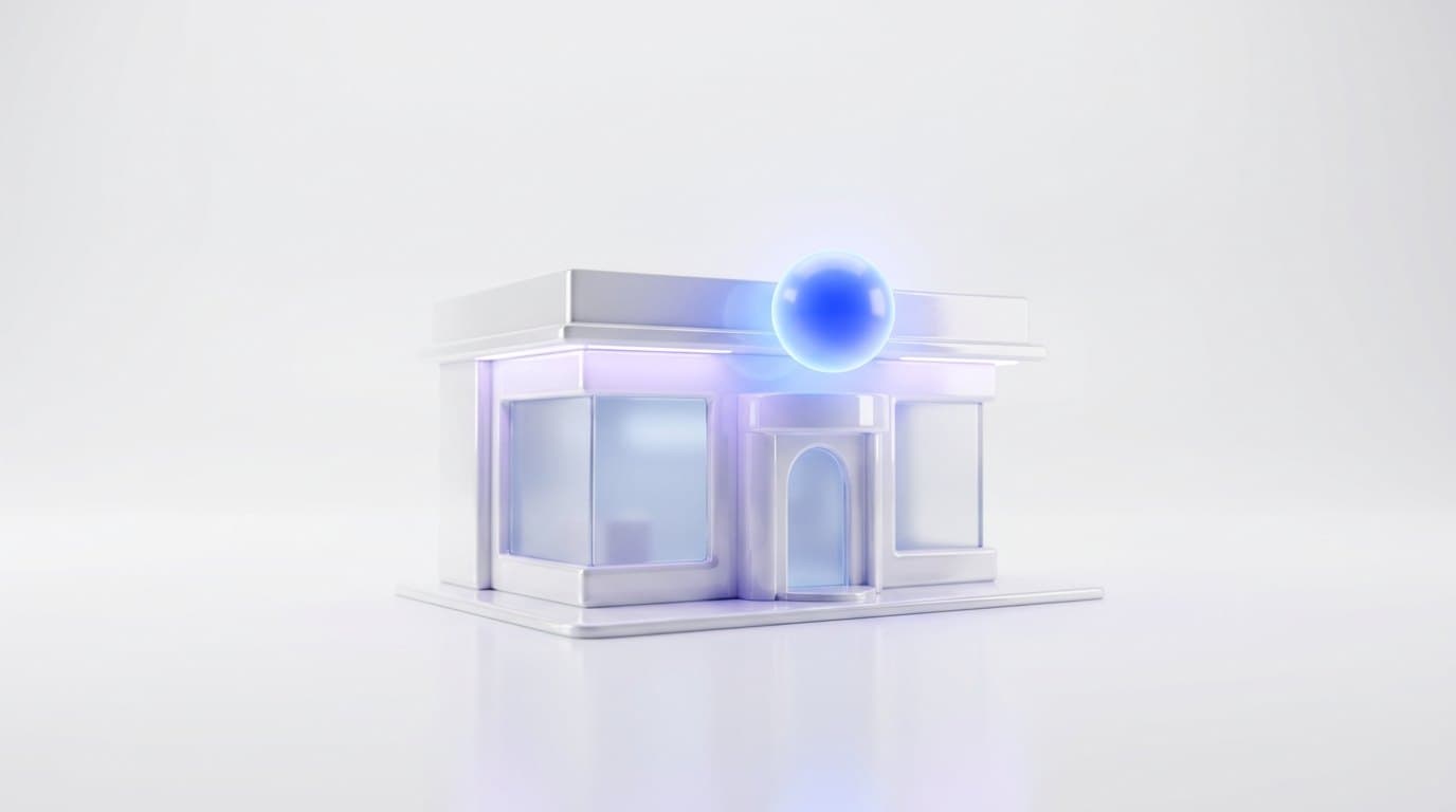 A miniature white ceramic storefront with a softly glowing electric blue orb hovering above its doorway