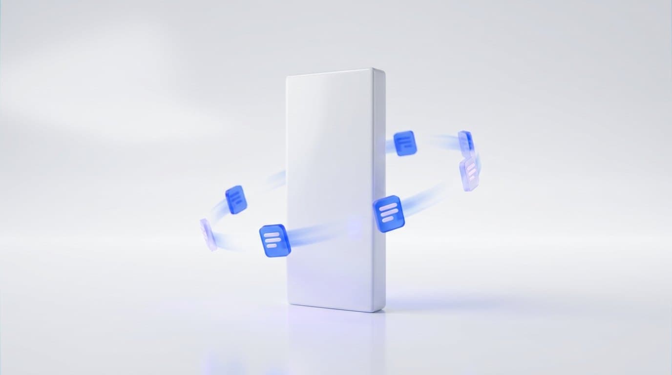 A tall white document card standing like a monolith with small electric blue rule-shaped tokens orbiting it