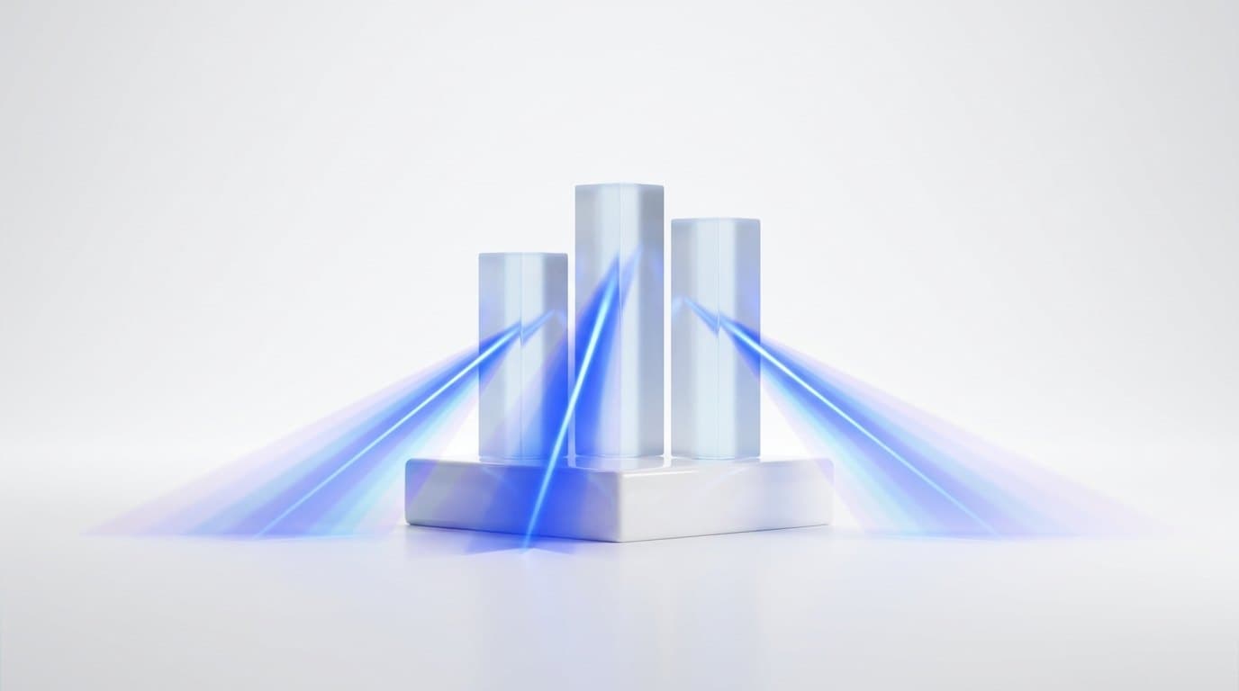 Three glass prisms of different heights side by side on a white pedestal, each refracting a beam of electric blue light