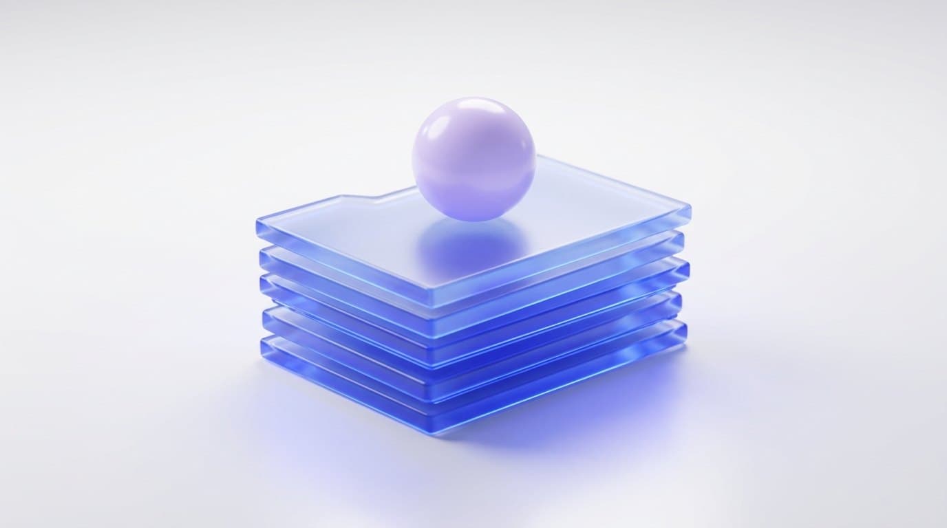 A stack of frosted glass folders edge-lit in electric blue with a lavender orb resting on top