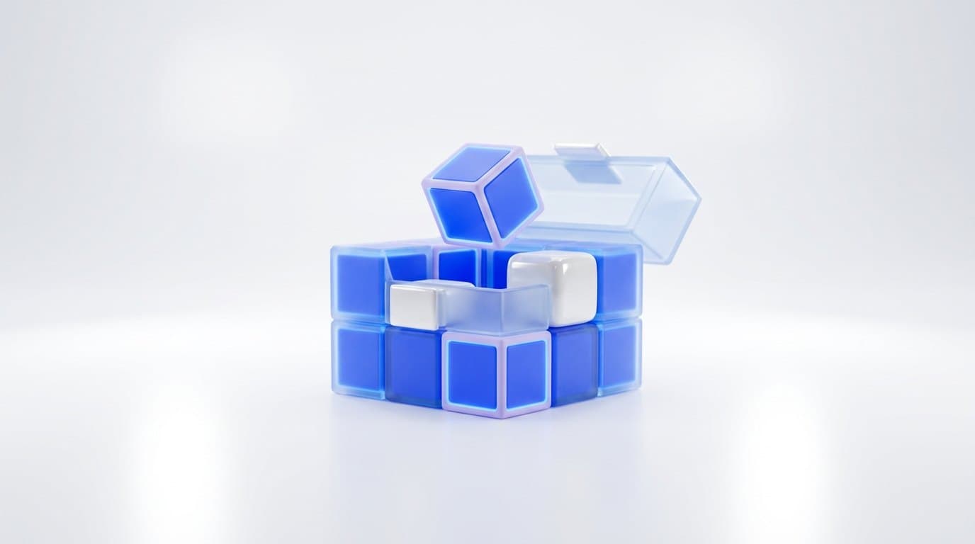 Una caja de herramientas de cristal esmerilado con cubos modulares azules, uno flotando hasta encajar