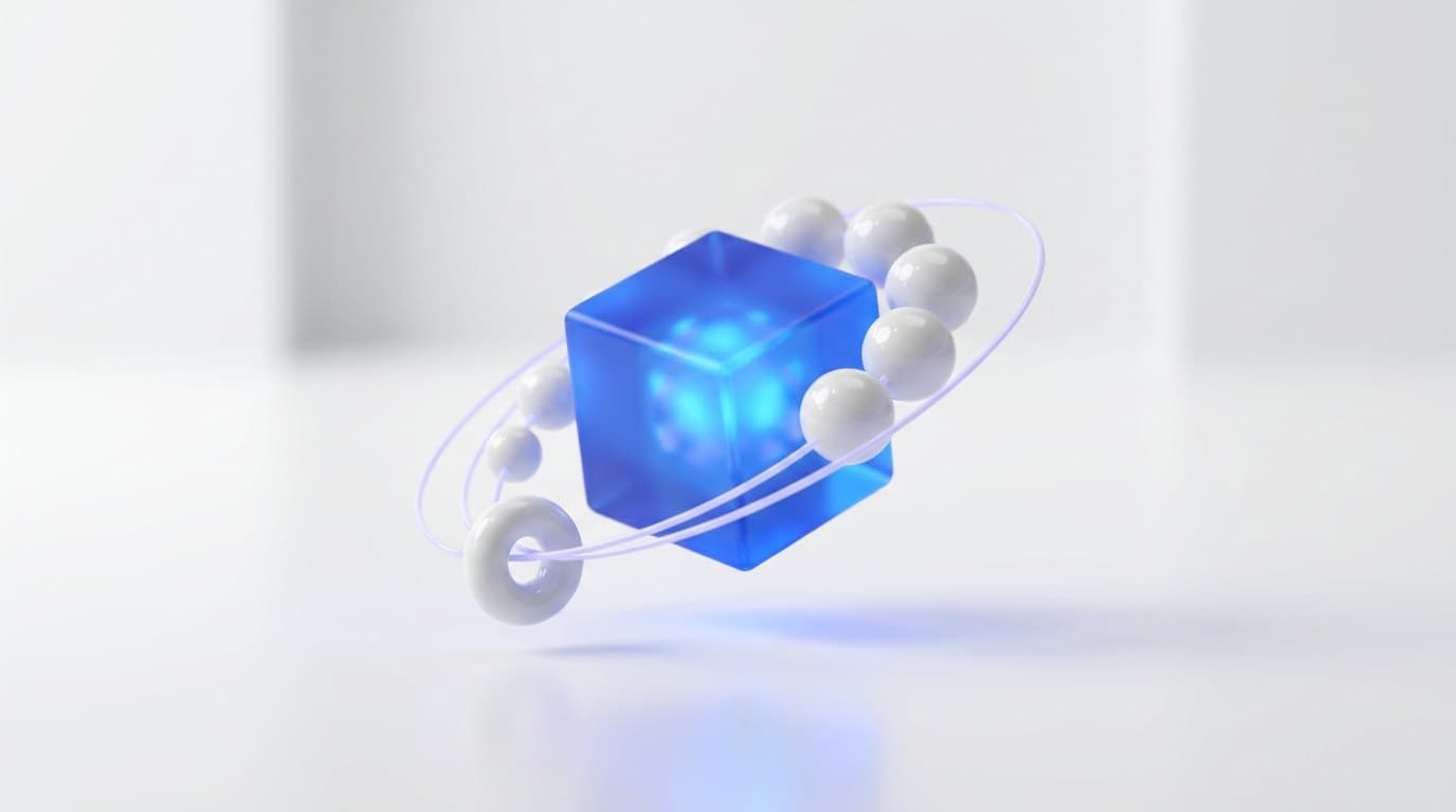 A glowing blue glass cube, a cluster of orbiting white spheres and a ring-shaped port linked by thin lavender arcs