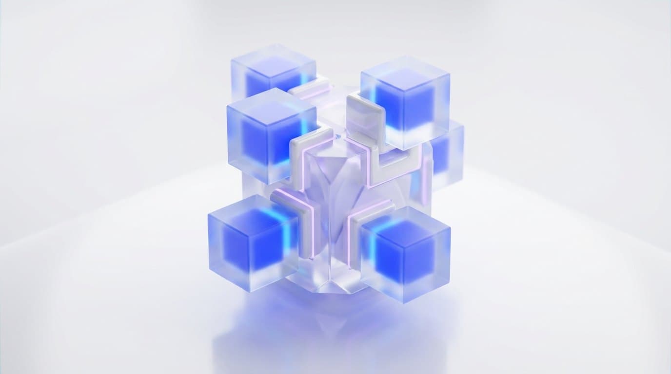 Modular frosted glass cubes lit electric blue slotting into a translucent crystalline core