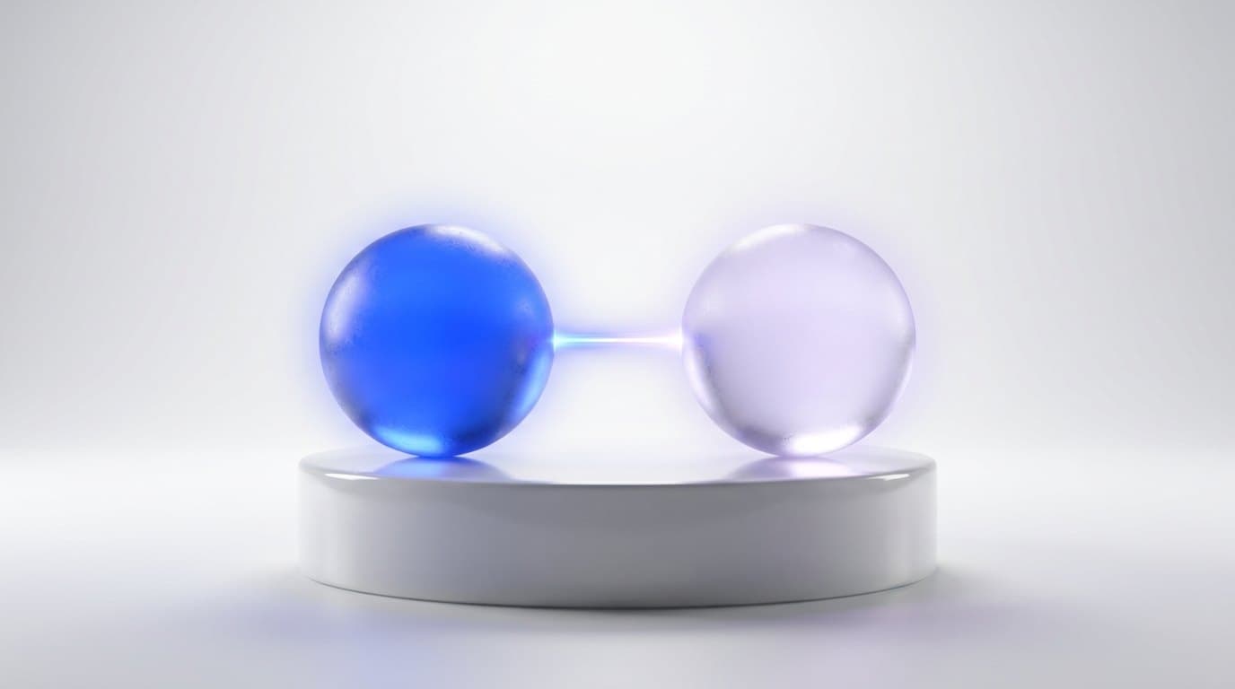 Two frosted glass spheres on a white pedestal, one glowing electric blue and one pale lavender, joined by a thin beam of light