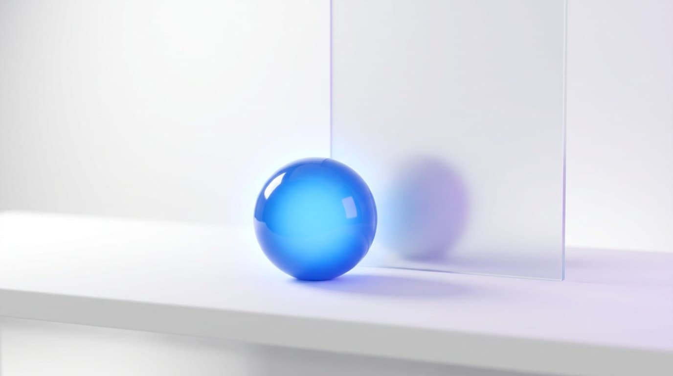 A cobalt blue ceramic sphere beside a frosted glass window pane on a bright white desk