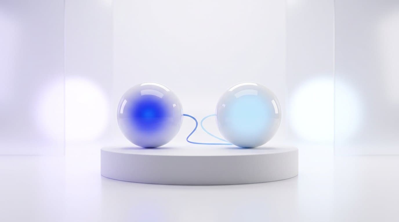 Two matte ceramic spheres, one cobalt blue and one sky blue, balanced on a white studio plinth