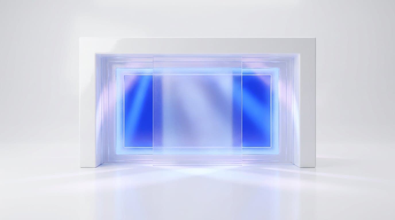 A frosted glass window frame filled with layered translucent panels, electric blue light passing through onto a white floor