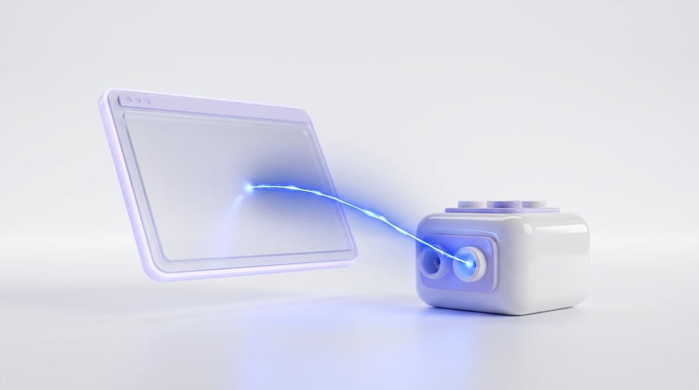 A frosted glass code editor window and a white ceramic terminal block linked by a thin beam of electric blue light
