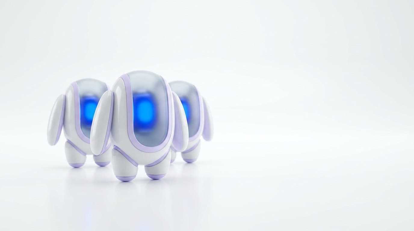 Three cobalt blue ceramic robots arranged in a row on a bright white studio surface