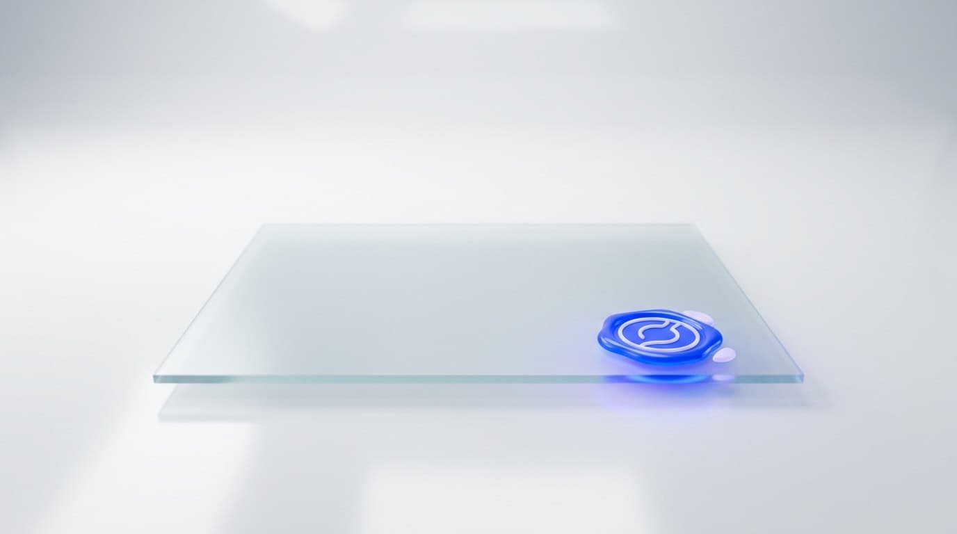 A cobalt blue certificate seal resting on a frosted glass sheet against a white studio background