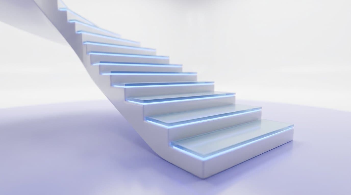A cobalt blue ceramic staircase climbing across a bright white studio background