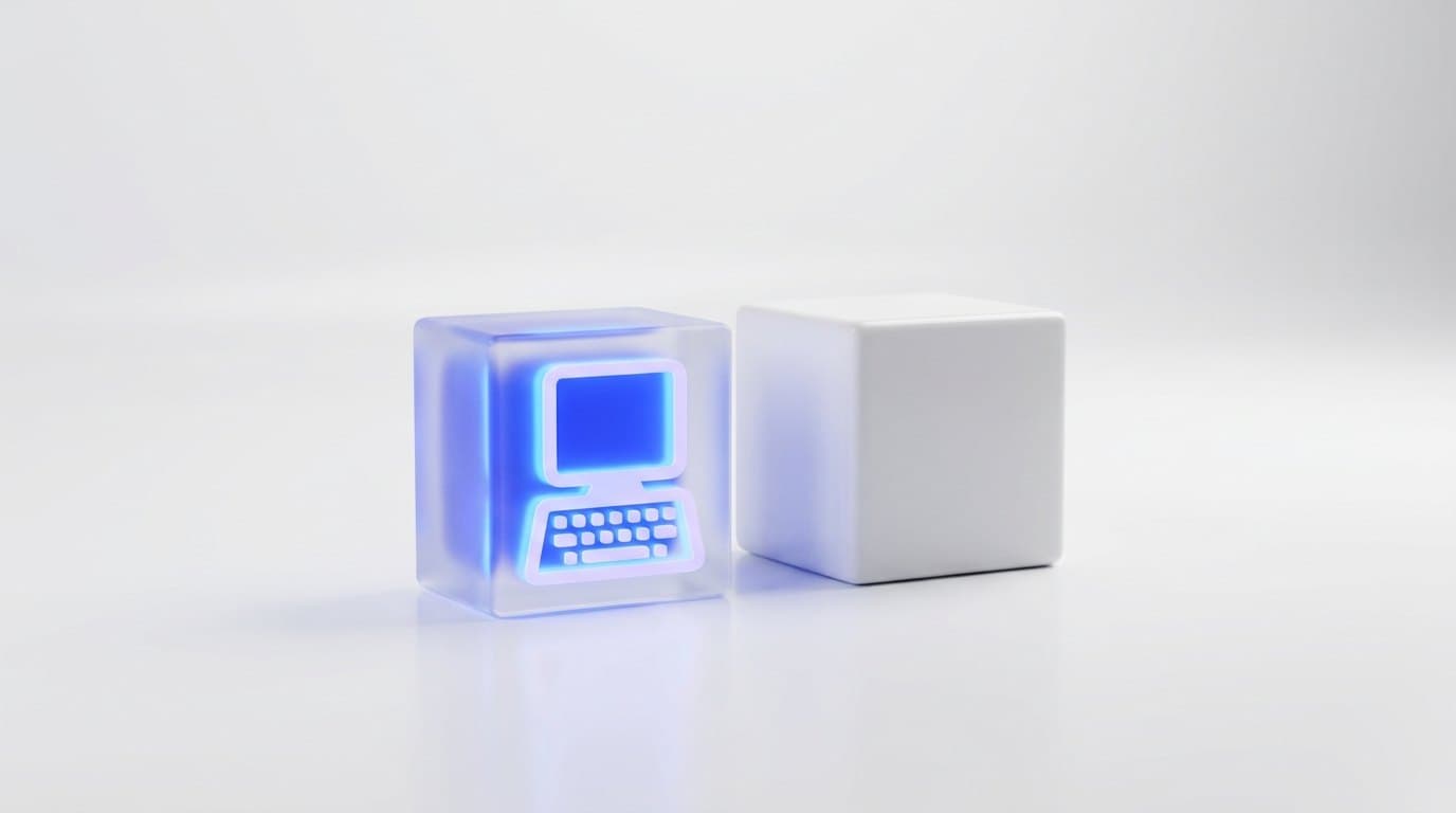 A cobalt blue terminal-shaped glass block beside a matte white cube on a bright studio surface
