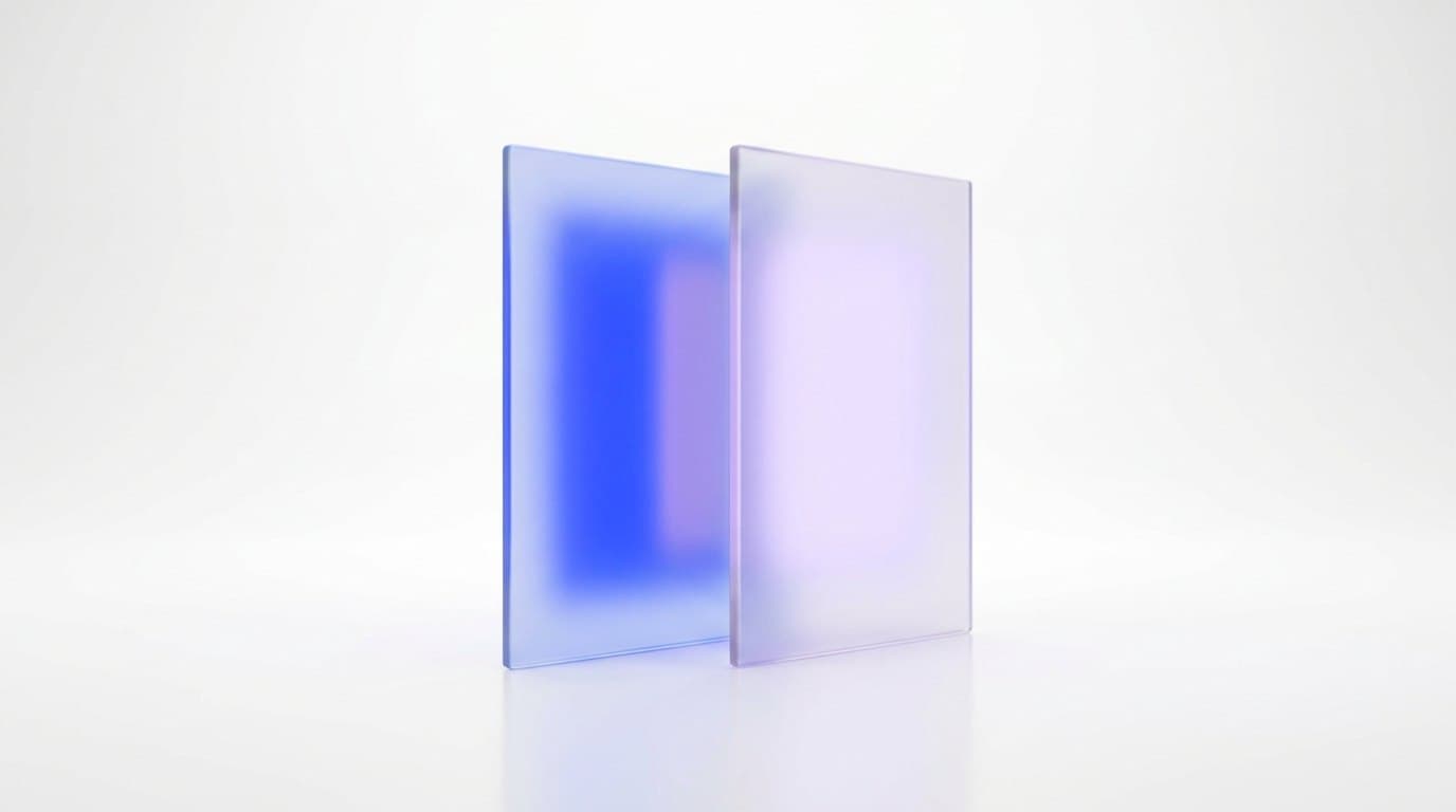Two frosted glass panels facing each other on a white desk, one lit cobalt blue and one lit sky blue