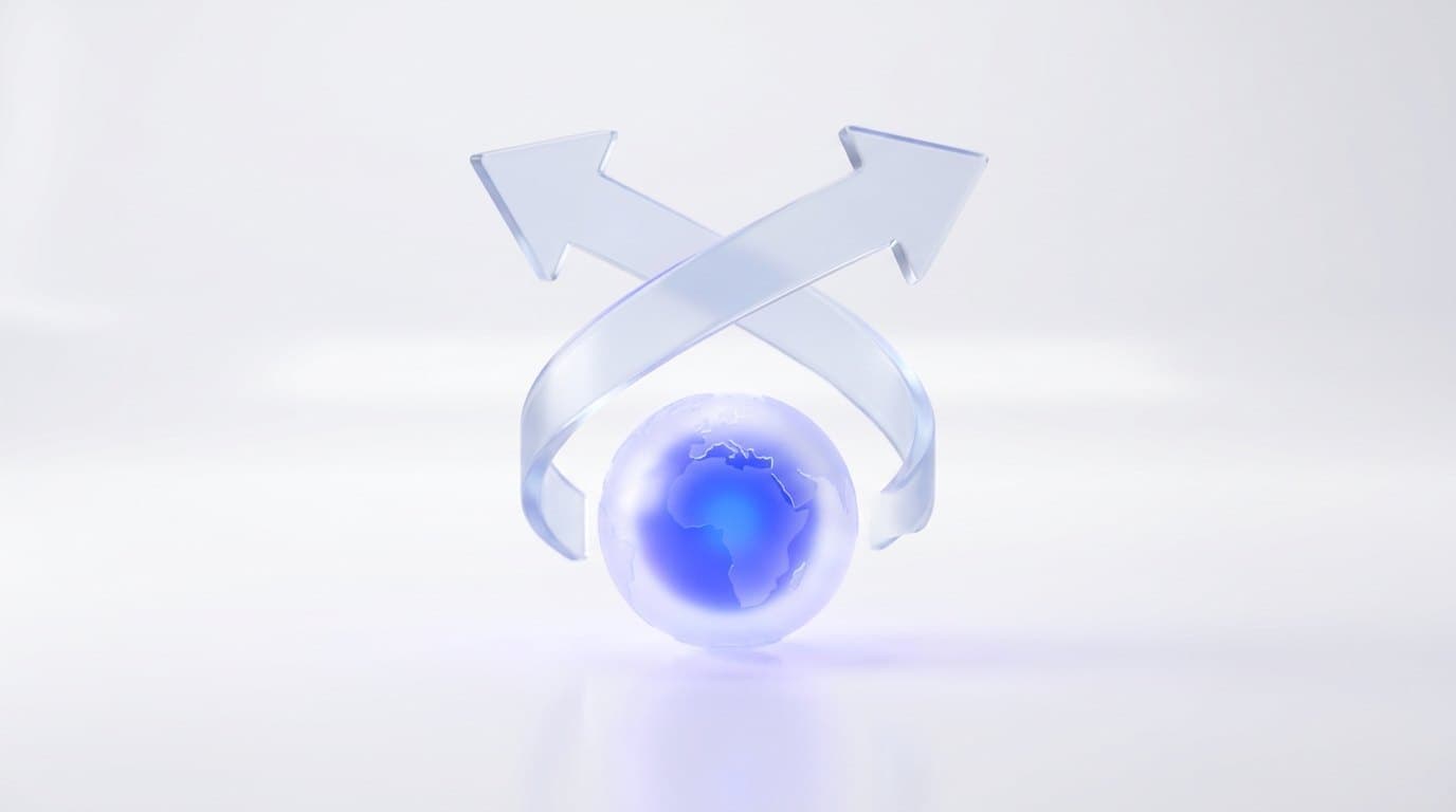 Two cobalt blue ceramic arrows crossing above a frosted glass globe on a white studio surface