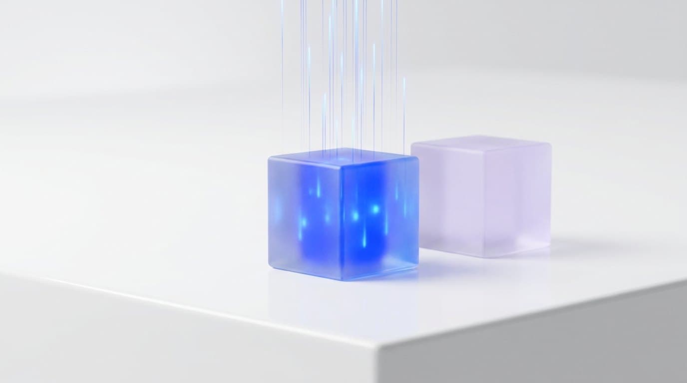 Two ceramic cubes on a white studio table, one glowing cobalt blue and one glowing sky blue
