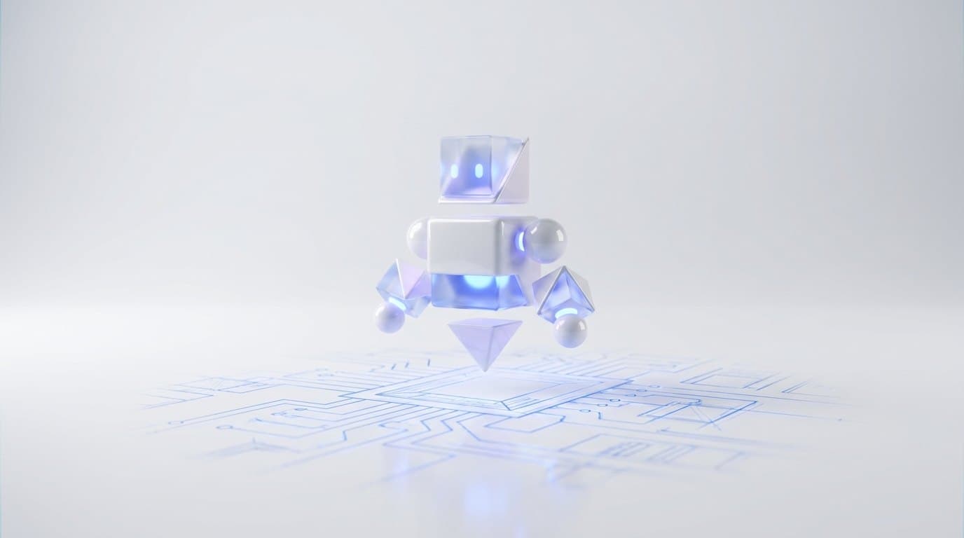 A small friendly white robot assembled from floating geometric parts above glowing blue blueprint lines