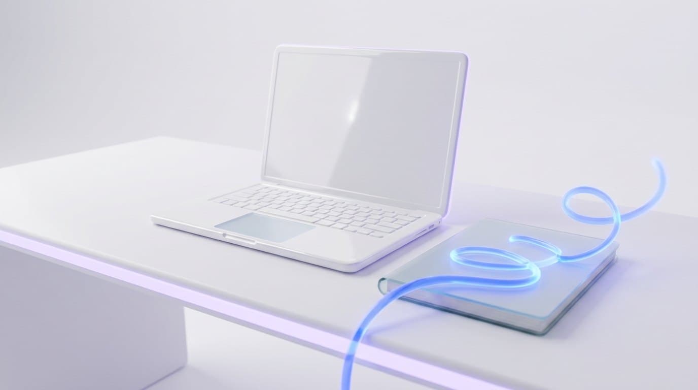 An open laptop on a clean white desk beside a notebook with a glowing blue path drawn off the page