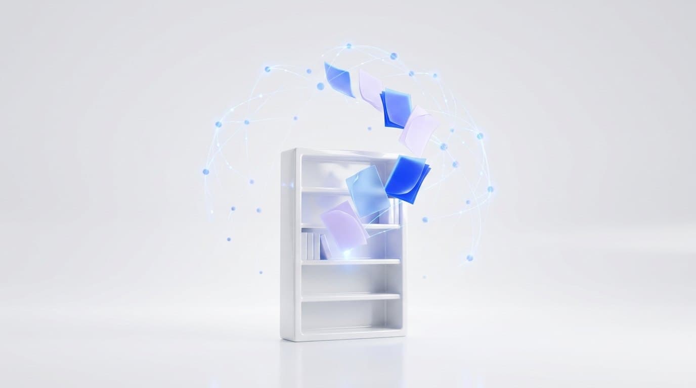 Pages lifting off a white bookshelf and folding into a web of glowing blue linked nodes