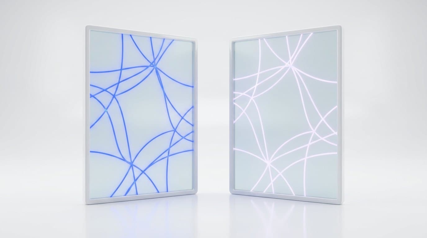 Two frosted glass node canvases side by side, one wired with glowing electric blue curves and the other with pale lavender lines